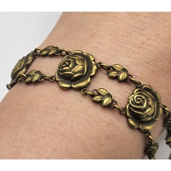Estate Jewelry - Estate Antique Brass Roses Tennis Wrap Bracelet 7in